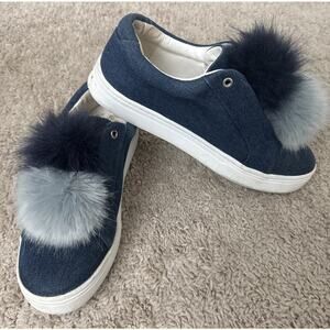 Sam Edelman Leya Women Pom-Pom Denim Platform Sneakers Shoes Dark Blue Size 8.5M